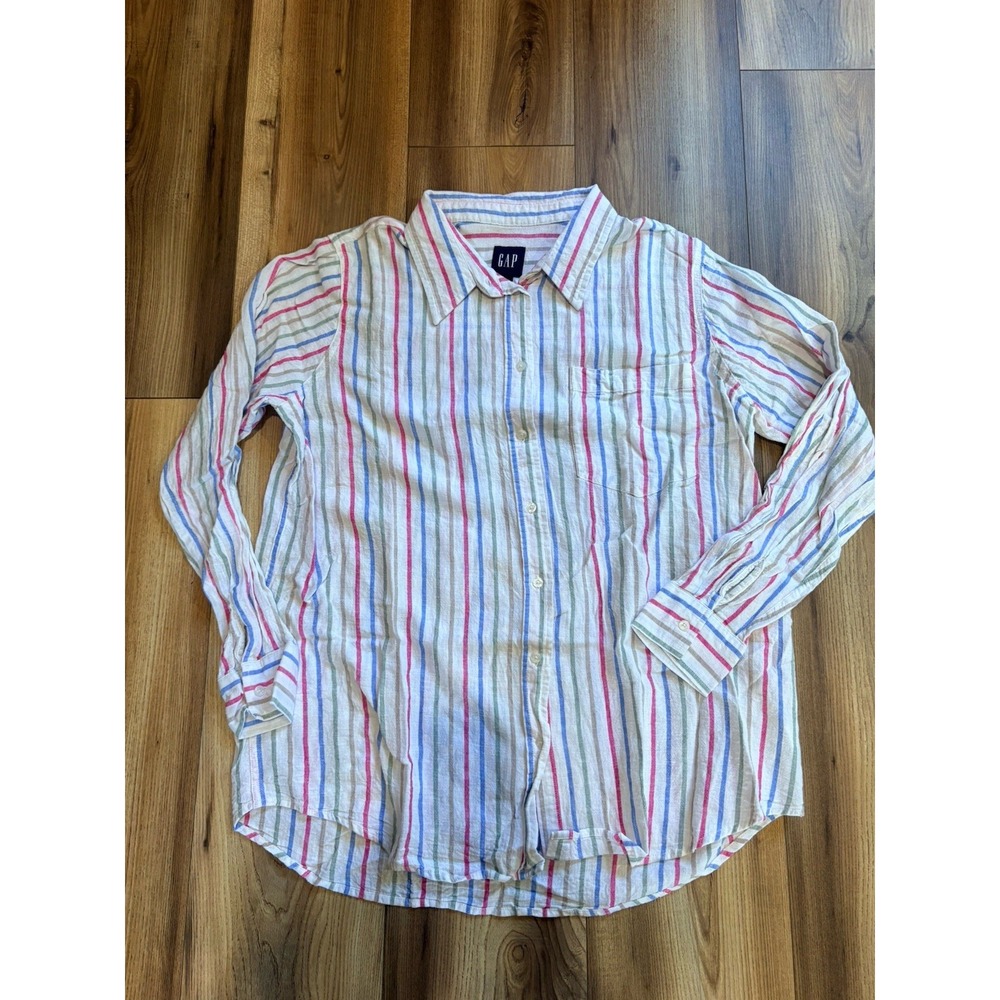 Vintage Gap Linen Blend Button Up Striped Shirt Large Lightweight Beachy Y2K
